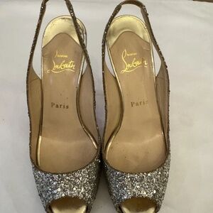 Christian Louboutin Silver Sparkle Toe Sling Back Pump  Size 37